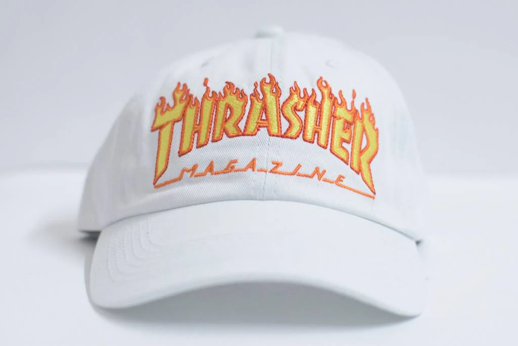 THRASHER FLAME LOGO DAD HAT WHITE