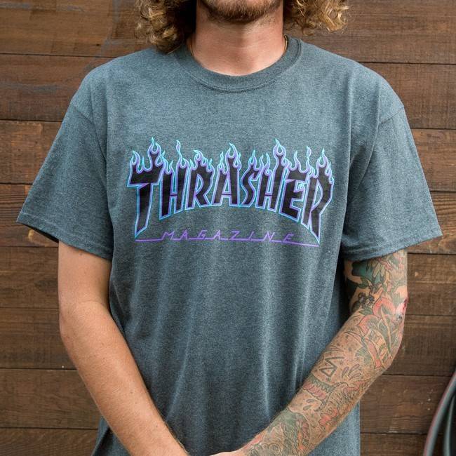 THRASHER FLAME LOGO T-SHIRT PURPLE / DARK HEATHER - Image 2