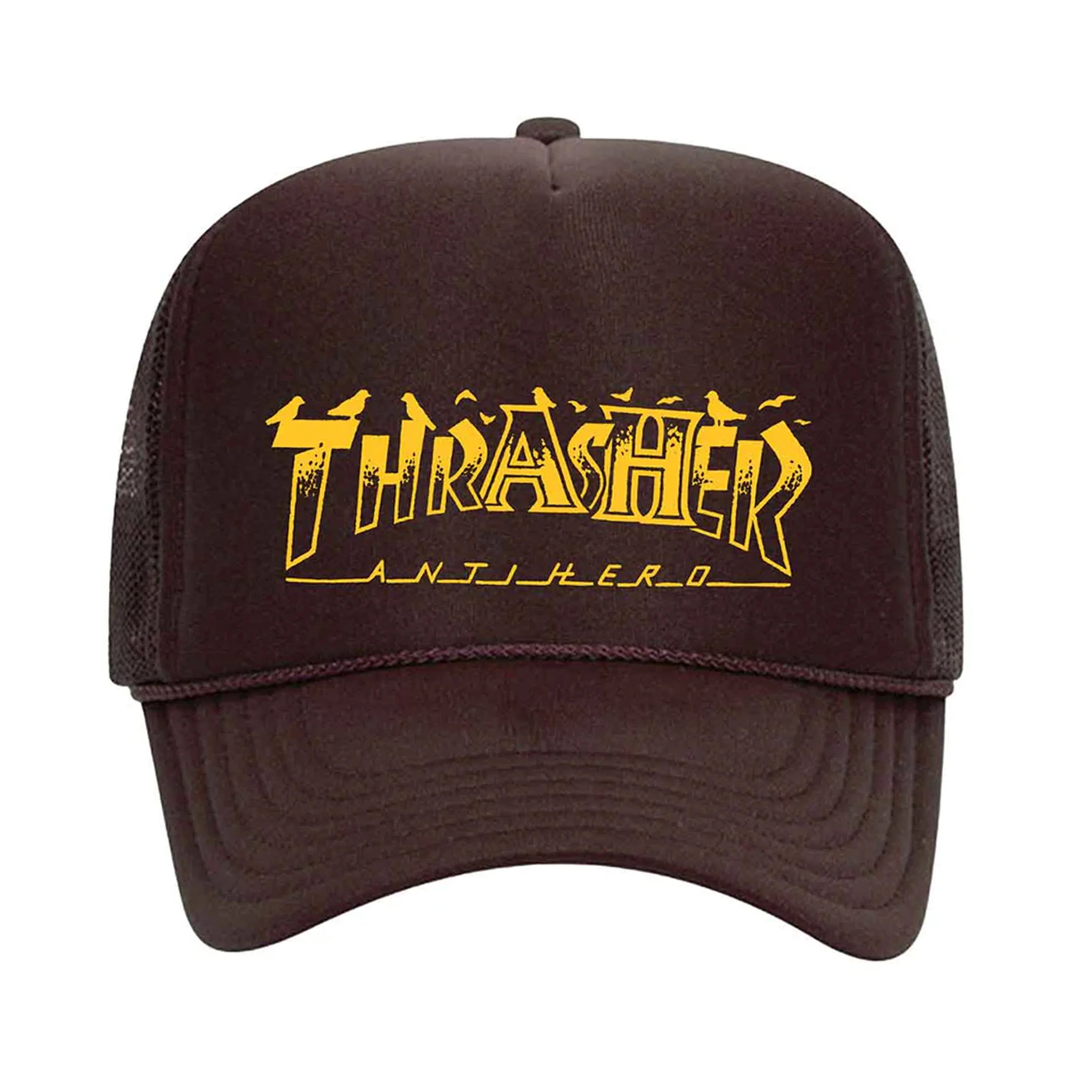 THRASHER x ANTI HERO PIGEON MAG TRUCKER HAT BROWN